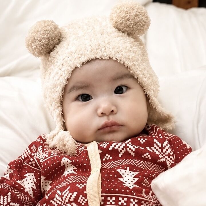Aria Snow in a cream knitted bear hat and a red Christmas sleepsuit